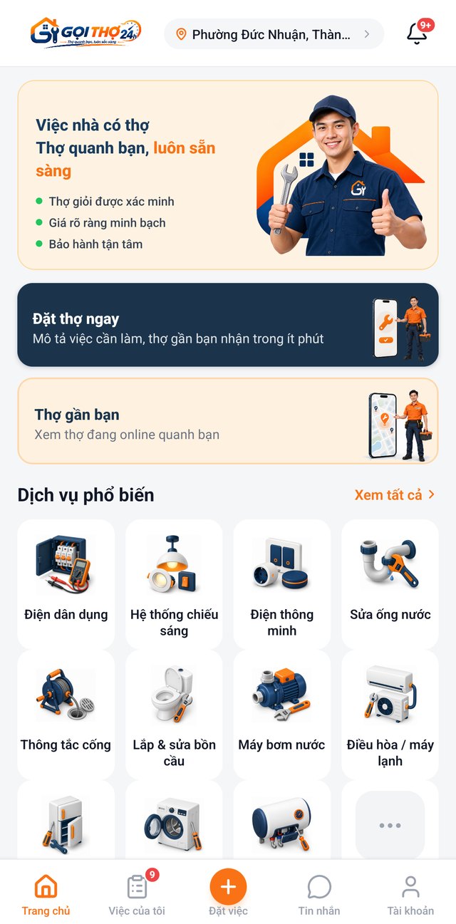 Màn hình chính ứng dụng Gọi Thợ 24h: đặt thợ ngay, thợ gần bạn và lưới dịch vụ phổ biến