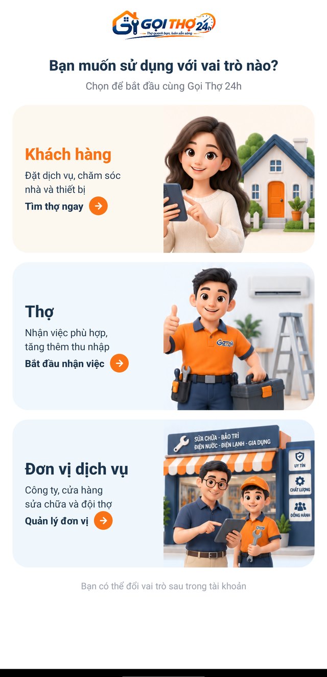 Màn chọn vai trò trong ứng dụng: Khách hàng, Thợ, Đơn vị dịch vụ