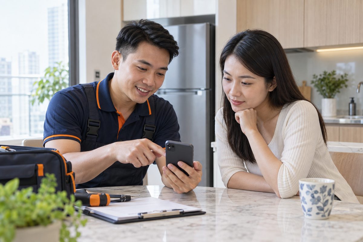 Thợ đưa điện thoại cho khách xem bảng báo giá trước khi làm