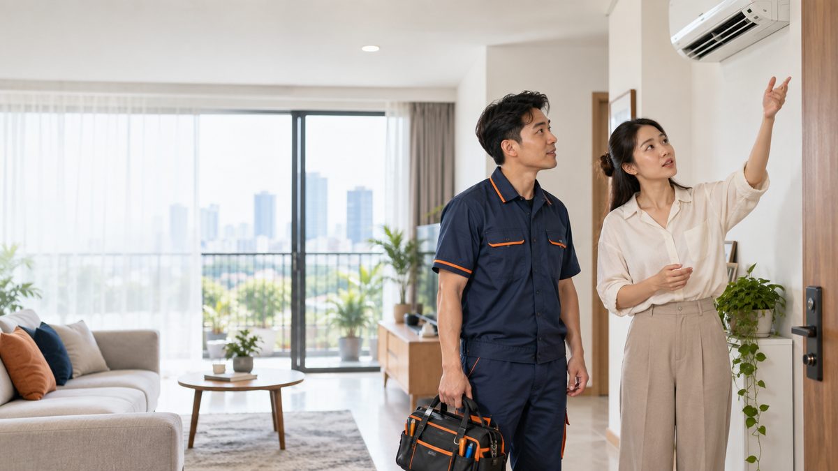 Thợ mặc đồng phục xem điều hoà cùng khách trong phòng khách